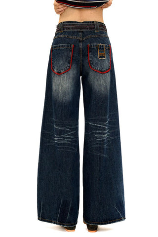 [Moromoro2] Slub Texture Pleated Contrast Stitch  Jeans