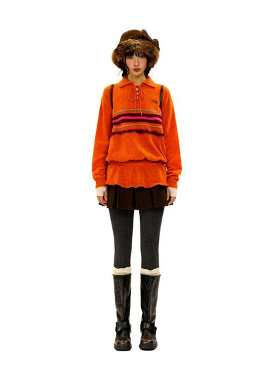 [Moromoro2] Stripe Collar Peplum Knit  Sweater