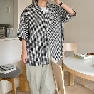 Linen check open collar shirt