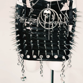 Metal chain v neck halter o ring rivet applique mini skirt set