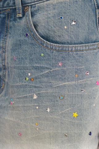 [Moromoro2] Rhinestone Bow Embroidered  Denim