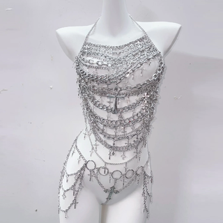 Metal chain cross applique hollow out backless waist chain cut out set