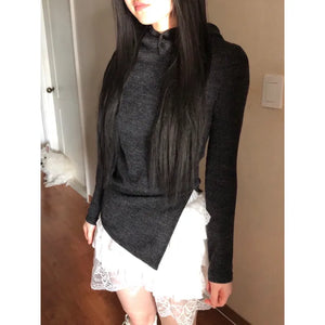 Ribbed Button Knit Hoodie with Asymmetrical Slit Long Sleeve T-shirt