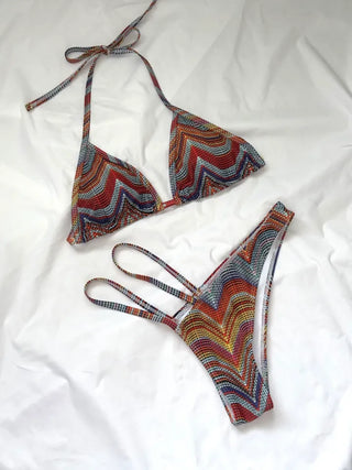 Ethnic pattern cutout print halterneck bikini
