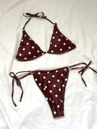 Polka dot pattern halterneck bikini swimsuit