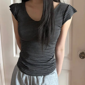 Frilled striped cap sleeve V-neck short-sleeve T-shirt