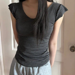 Frilled striped cap sleeve V-neck short-sleeve T-shirt