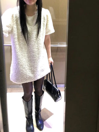 Curly boucle puff short-sleeve mini dress