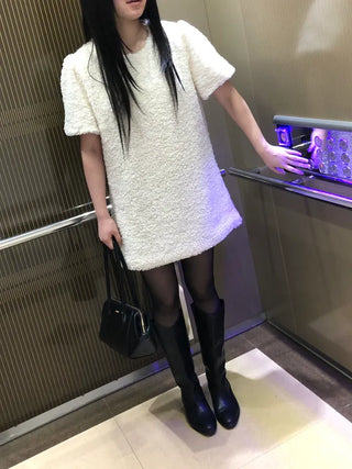 Curly boucle puff short-sleeve mini dress