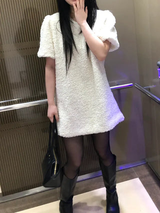 Curly boucle puff short-sleeve mini dress