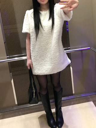 Curly boucle puff short-sleeve mini dress
