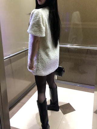 Curly boucle puff short-sleeve mini dress