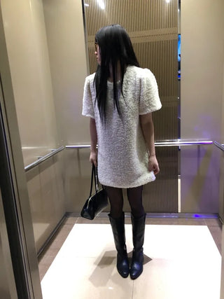 Curly boucle puff short-sleeve mini dress