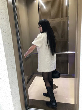 Curly boucle puff short-sleeve mini dress