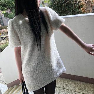 Curly boucle puff short-sleeve mini dress