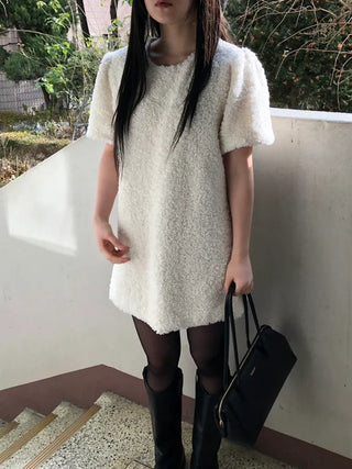 Curly boucle puff short-sleeve mini dress
