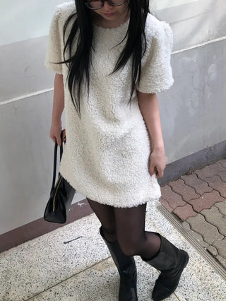 Curly boucle puff short-sleeve mini dress