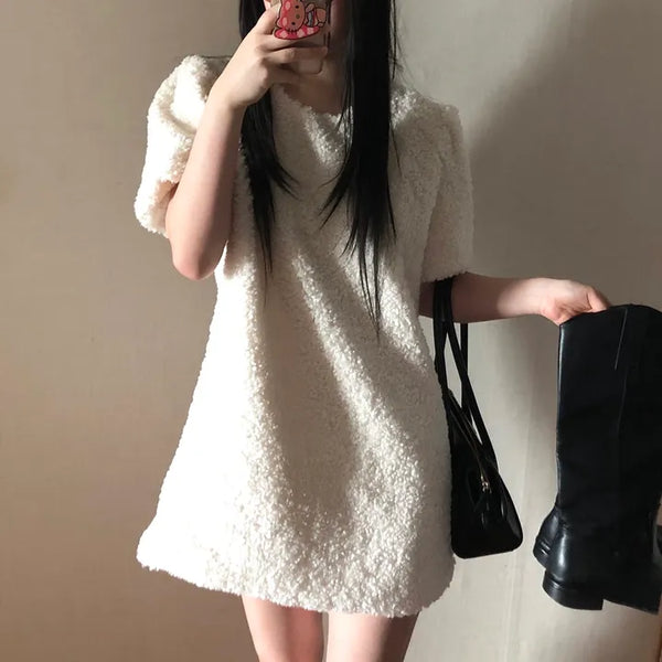 Curly boucle puff short-sleeve mini dress