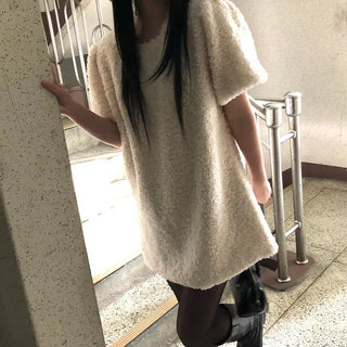 Curly boucle puff short-sleeve mini dress