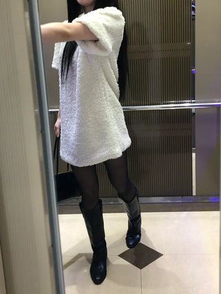 Curly boucle puff short-sleeve mini dress