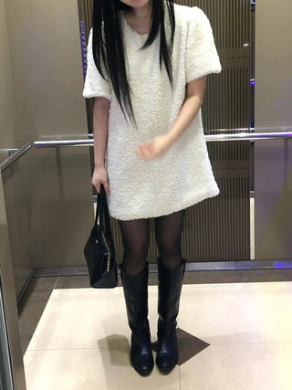 Curly boucle puff short-sleeve mini dress