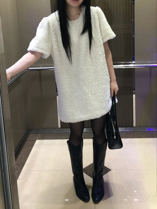 Curly boucle puff short-sleeve mini dress