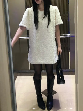 Curly boucle puff short-sleeve mini dress