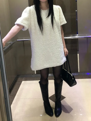 Curly boucle puff short-sleeve mini dress