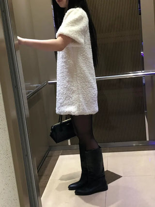 Curly boucle puff short-sleeve mini dress