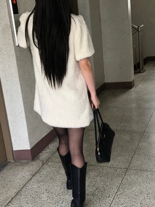 Curly boucle puff short-sleeve mini dress