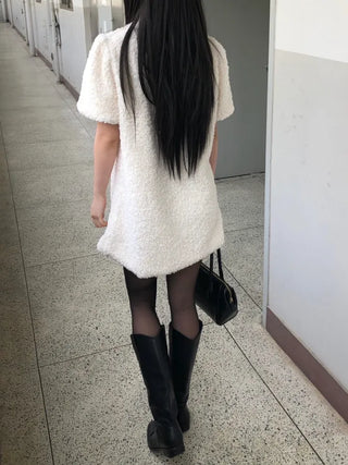 Curly boucle puff short-sleeve mini dress