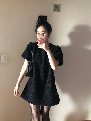 Curly boucle puff short-sleeve mini dress