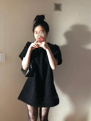 Curly boucle puff short-sleeve mini dress