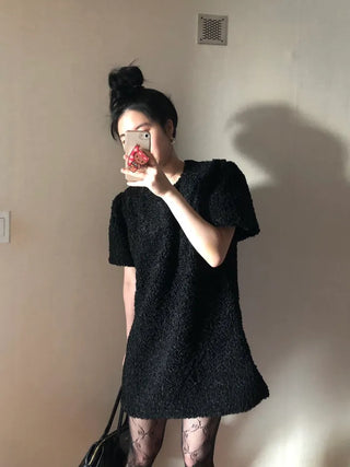 Curly boucle puff short-sleeve mini dress