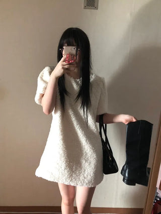 Curly boucle puff short-sleeve mini dress