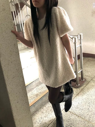 Curly boucle puff short-sleeve mini dress