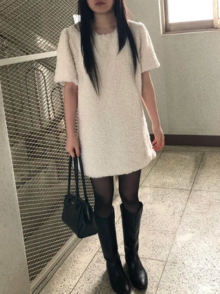 Curly boucle puff short-sleeve mini dress