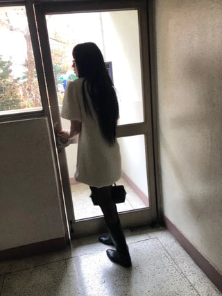 Curly boucle puff short-sleeve mini dress