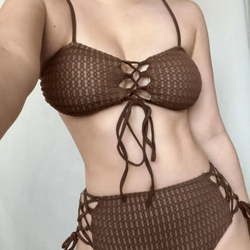 Eyelet High-Waisted Ribbon Strap Two-Piece Bikini