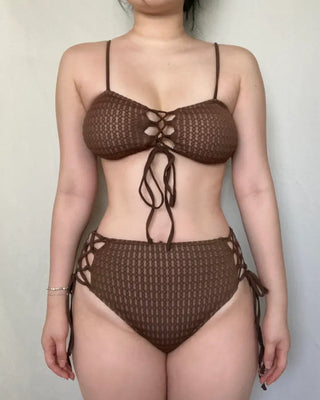 Eyelet High-Waisted Ribbon Strap Two-Piece Bikini