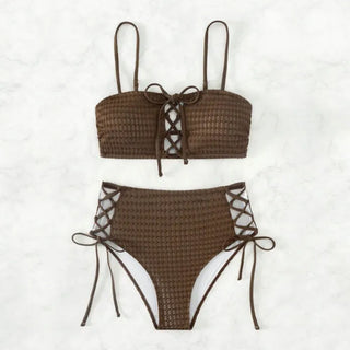 Eyelet High-Waisted Ribbon Strap Two-Piece Bikini