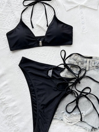 Black cutout strap halterneck bikini