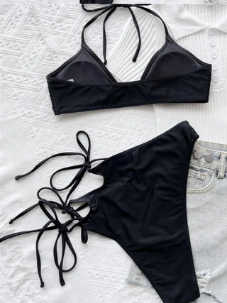 Black cutout strap halterneck bikini