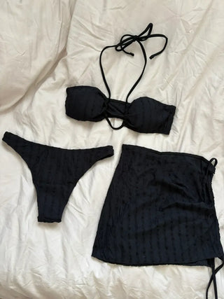 Black Cutout Strap Halter Neck Cover-up Bikini Swimsuit 3 pcs