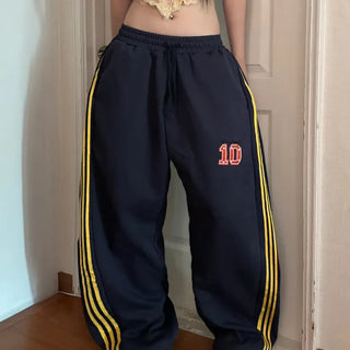 Vintage embroidered three-stripe color-block wide training pants