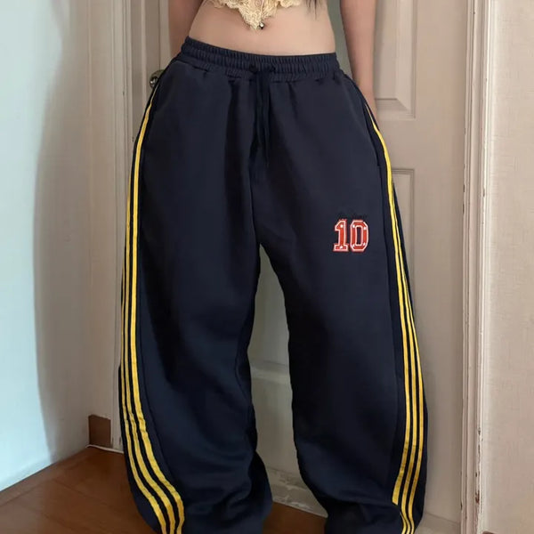 Vintage embroidered three-stripe color-block wide training pants