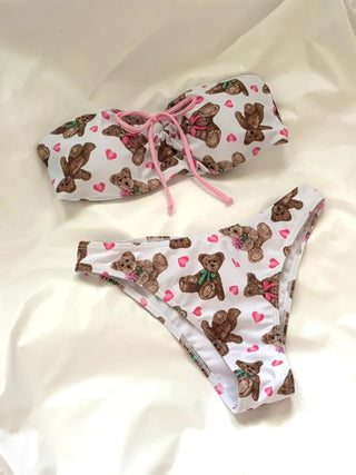 Teddy bear tube top ribbon bikini