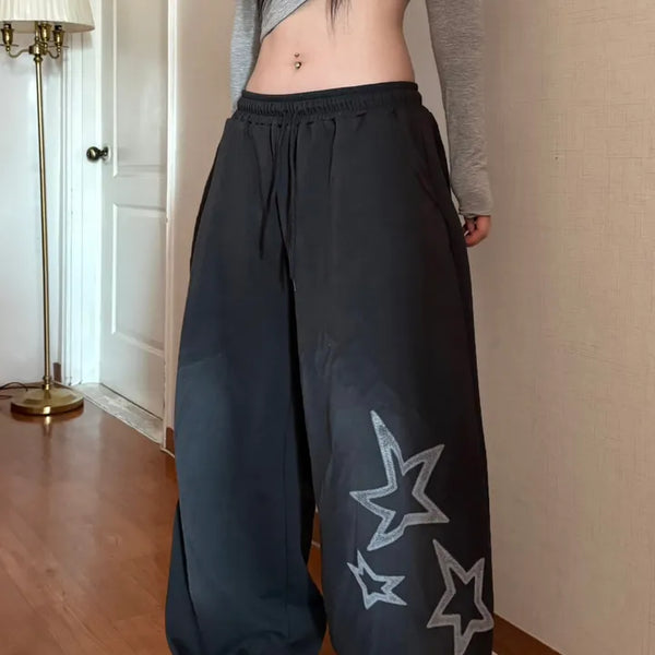 Star Print Washed Wide Drawstring Training Pants