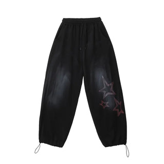 Star Print Washed Wide Drawstring Training Pants