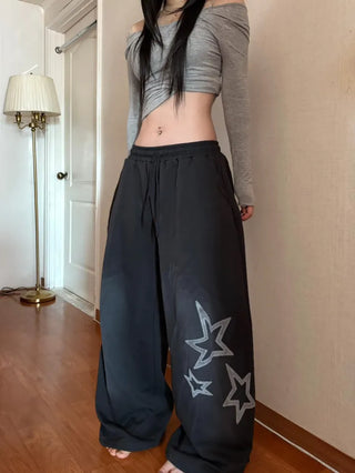 Star Print Washed Wide Drawstring Training Pants